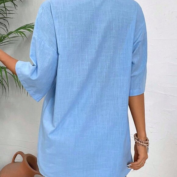 Blue Casual Women's Leisure Solid Color Drop-Shoulder Shirt And And Shorts Set - Picture 2 of 7